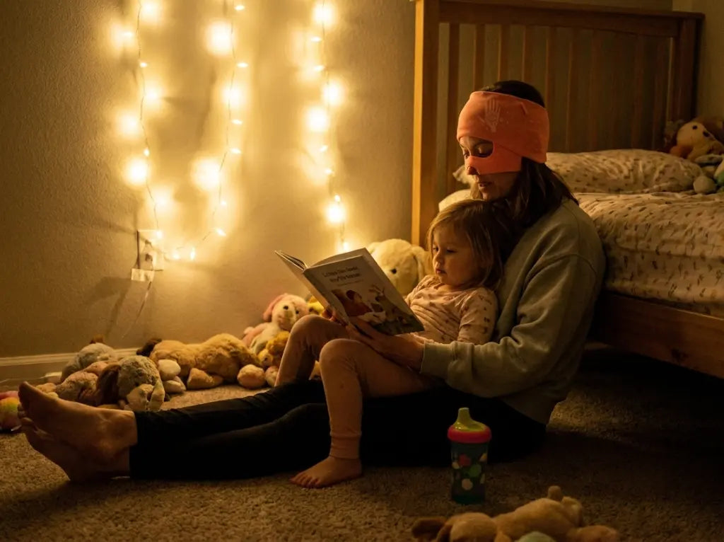 Resting in bed wearing the Soothefy cap with the eye mask down
